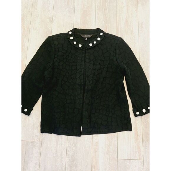 Ming Wang Medium Black Knit Short Jacket Cardigan Blazer Hook Closure - Picture 2 of 9